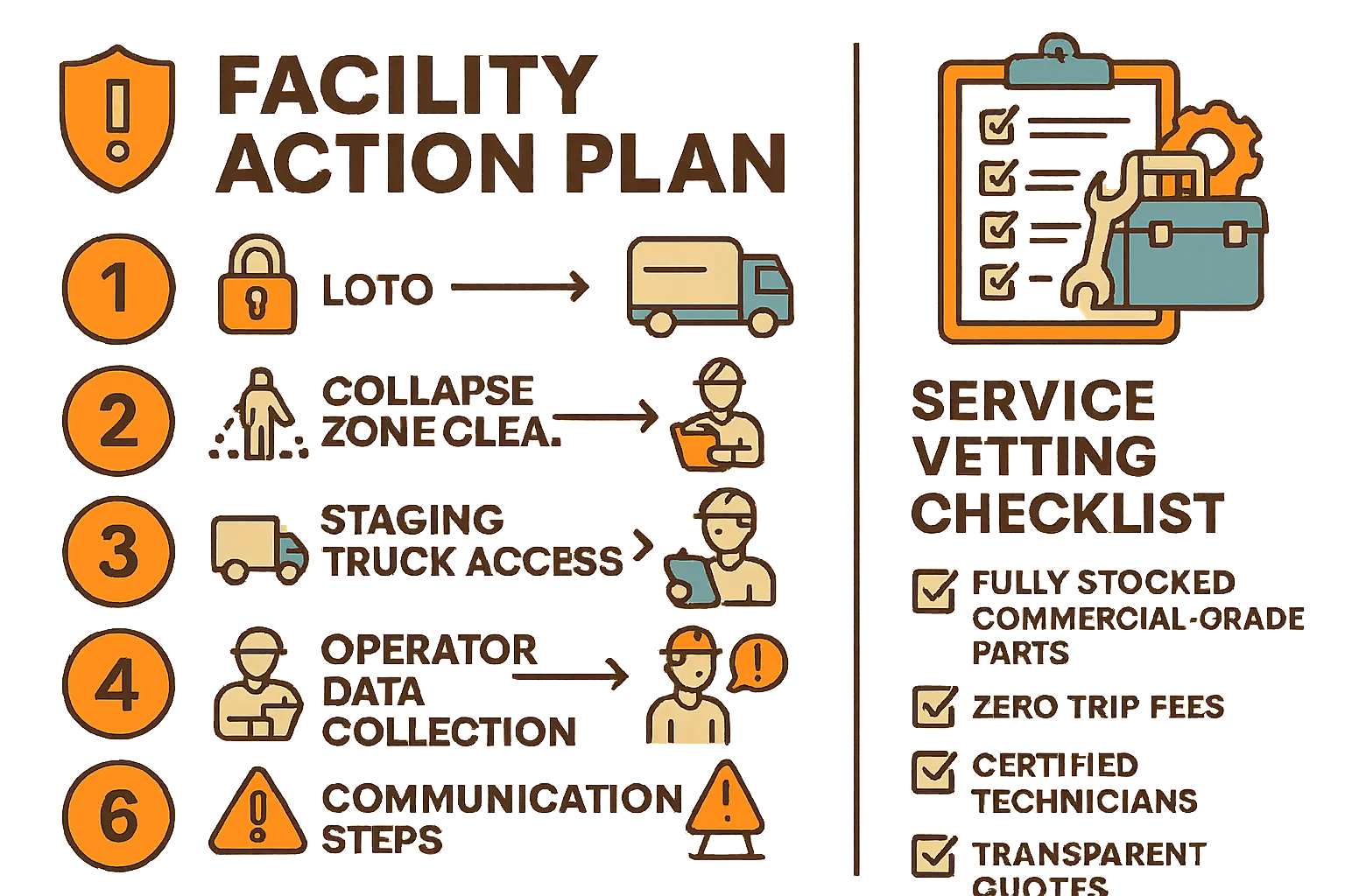 This dual-part mnemonic visual aids facility managers in remembering essential safety actions to take during commercial garage door emergencies, alongside key criteria for assessing qualified emergency repair providers.
