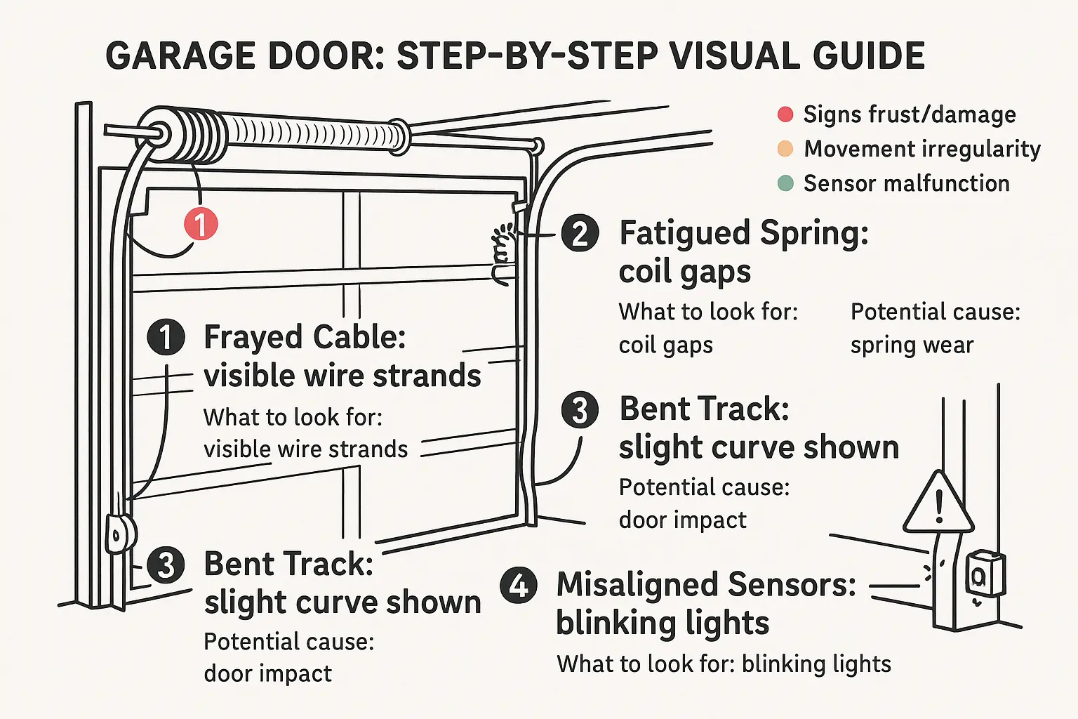 This step-by-step diagram educates how to inspect different garage door components, recognize visual wear signs, and understand their implications for safety and maintenance.