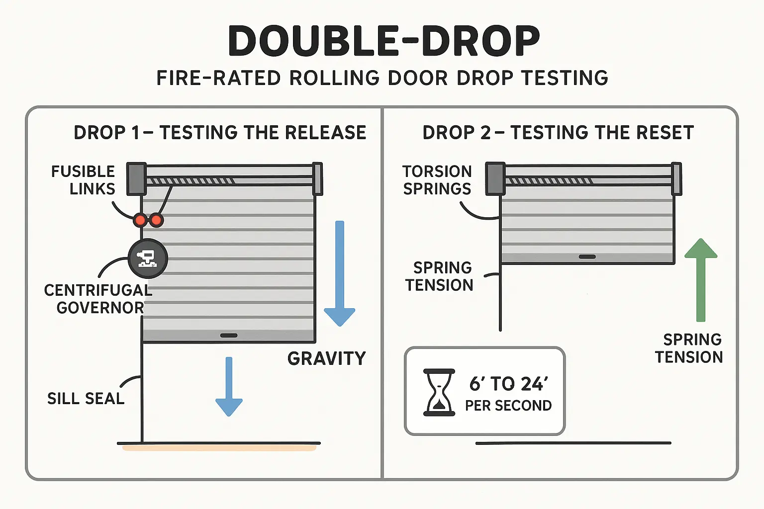 This diagram clarifies why the annual fire door drop test requires two drops: Drop 1 confirms the door releases and seals properly, while Drop 2 confirms the springs and speed governors are correctly reset to ensure safety in emergencies.