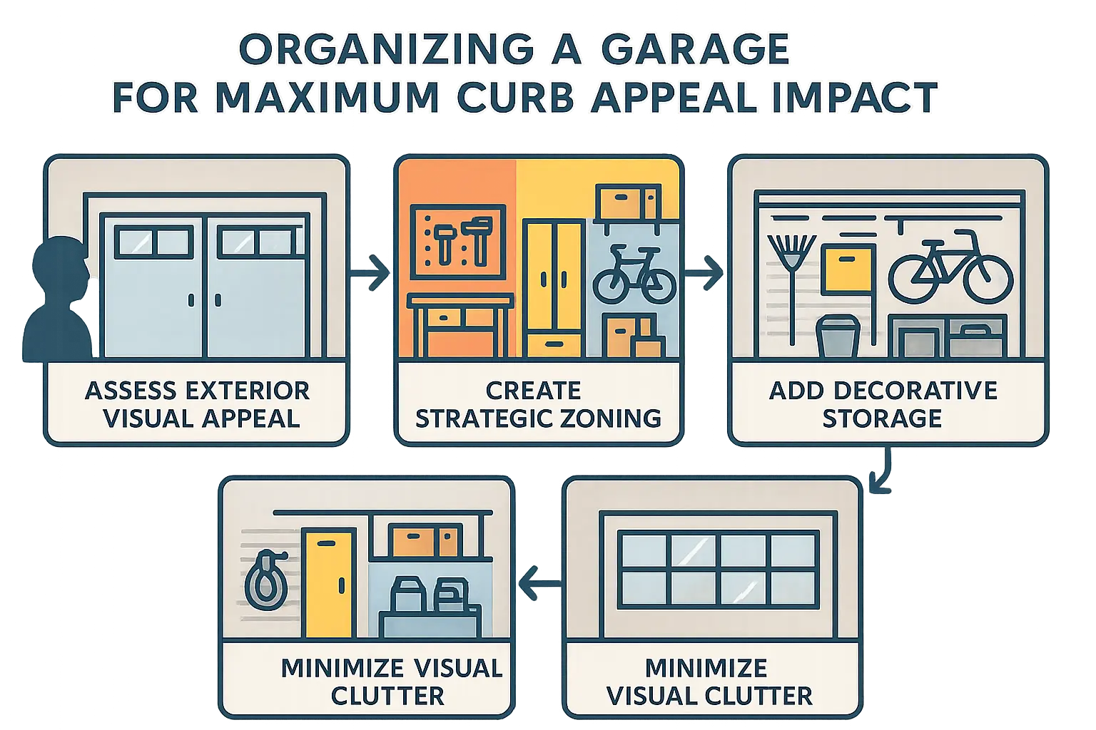 This visual guide breaks down how to organize visible garage interiors into zones and use color-coordinated storage to protect curb appeal when glass or translucent panels reveal interior views.