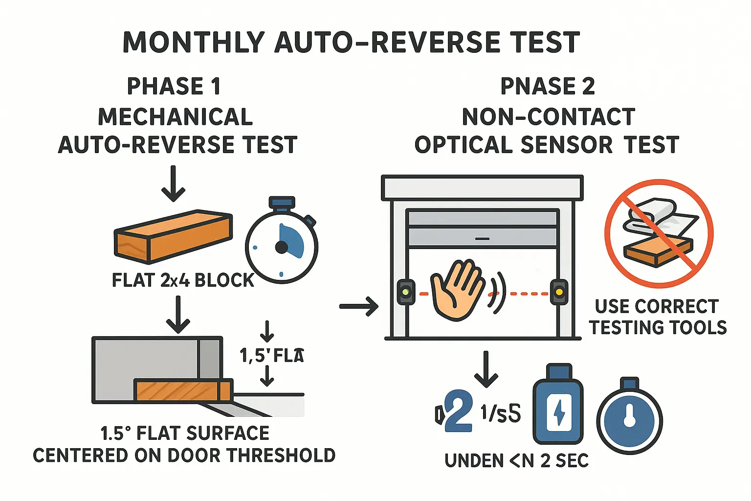 Follow this step-by-step flowchart to perform your monthly garage door auto-reverse safety test accurately: start with the mechanical 2x4 contact timing, then verify the photo-eye sensor beam interruption and LED signals for a complete safety audit.