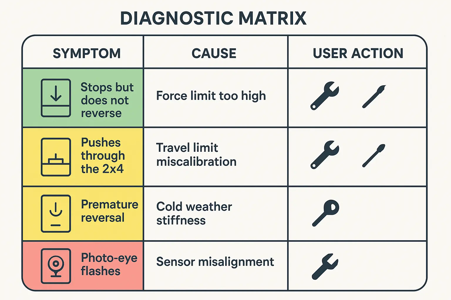 Use this diagnostic matrix to quickly identify garage door opener problems based on test symptoms and decide whether you can adjust settings yourself or need professional repair, helping ensure your family's safety.