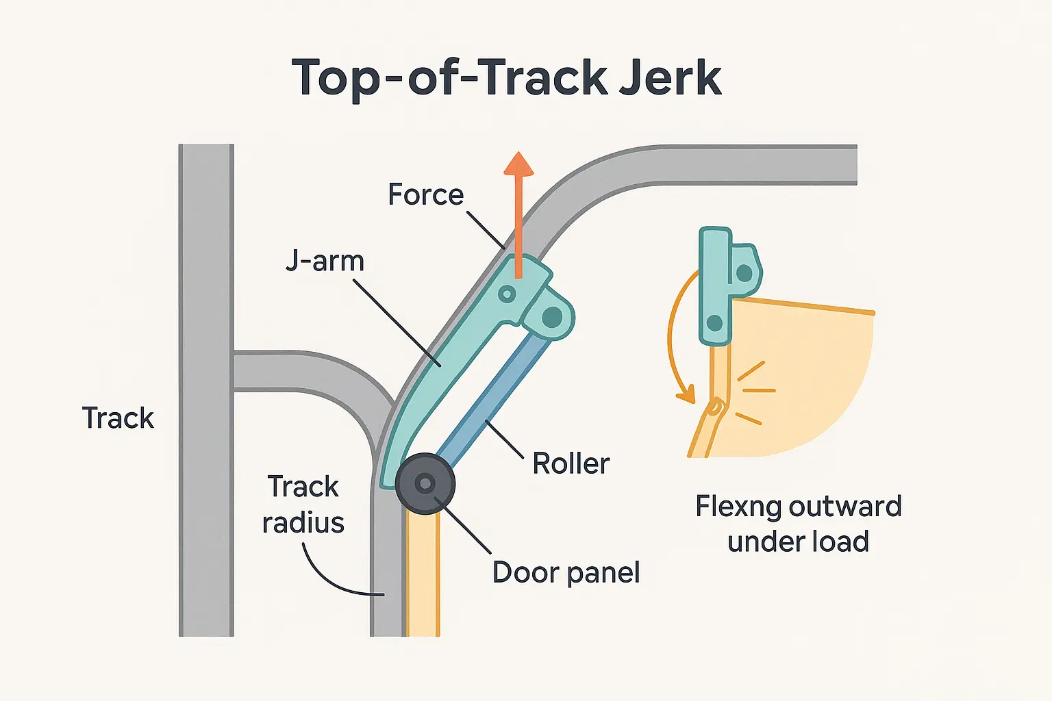 This diagram explains how the opener's J-arm pulls at a steep angle on the closed door, concentrating force on the top fixture bracket. If the bracket is loose, it flexes, causing the roller to bind and then violently pop through the track's curve, resulting in the jerking motion.