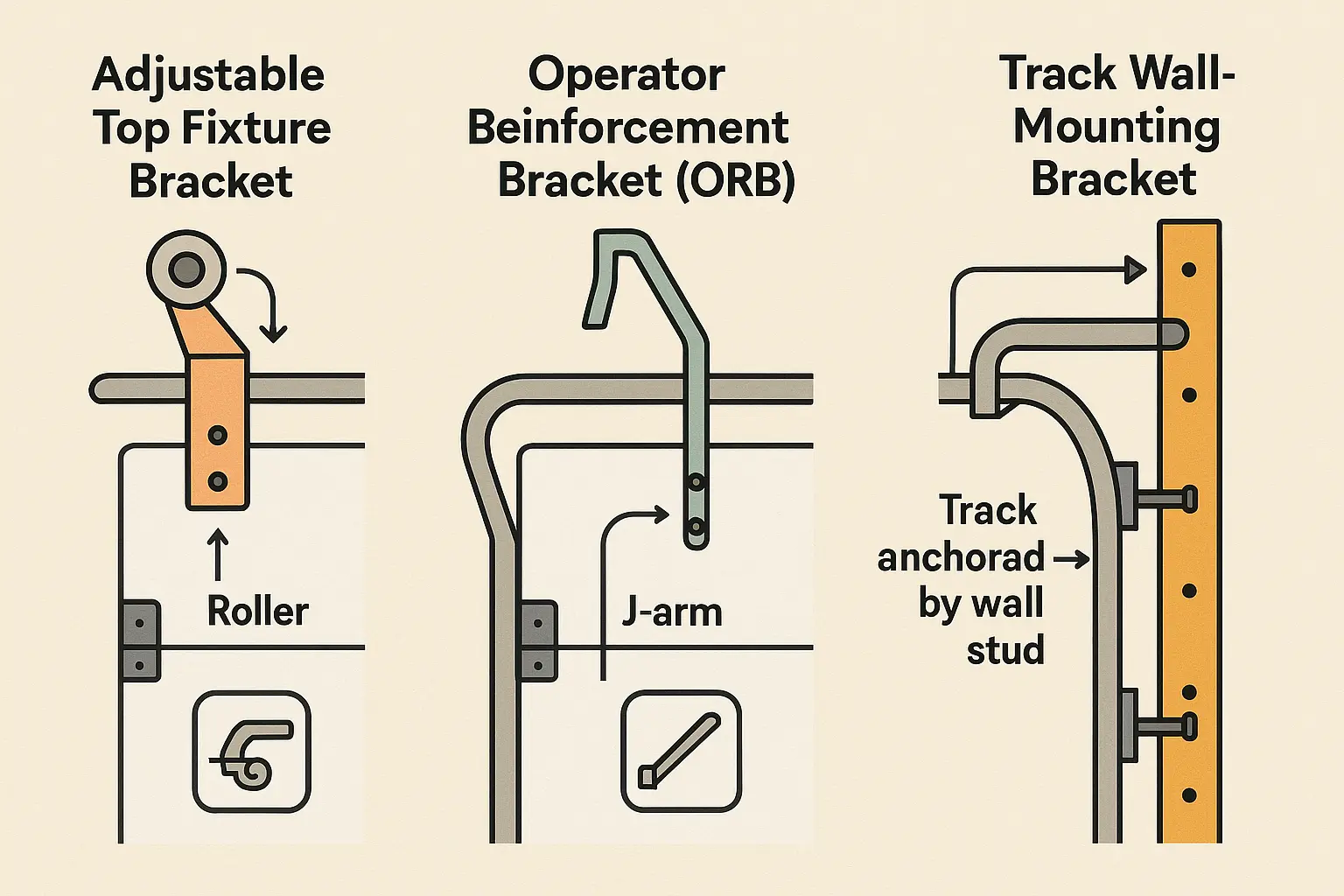This image clarifies the three types of garage door brackets often confused. The adjustable top fixture holds the rollers on the door panel’s corners. The operator bracket connects the opener arm at the door center. The track wall bracket anchors the track to the garage wall. Understanding their roles helps diagnose door jerks correctly.
