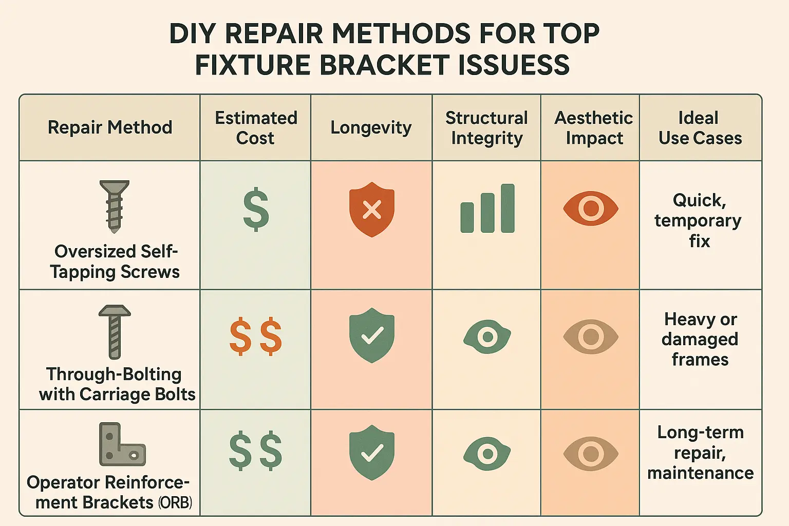 This repair trade-off matrix helps readers quickly evaluate the benefits and drawbacks of the three most common DIY methods to fix loose top fixture brackets, guiding them toward the best choice for their door condition and repair goals.