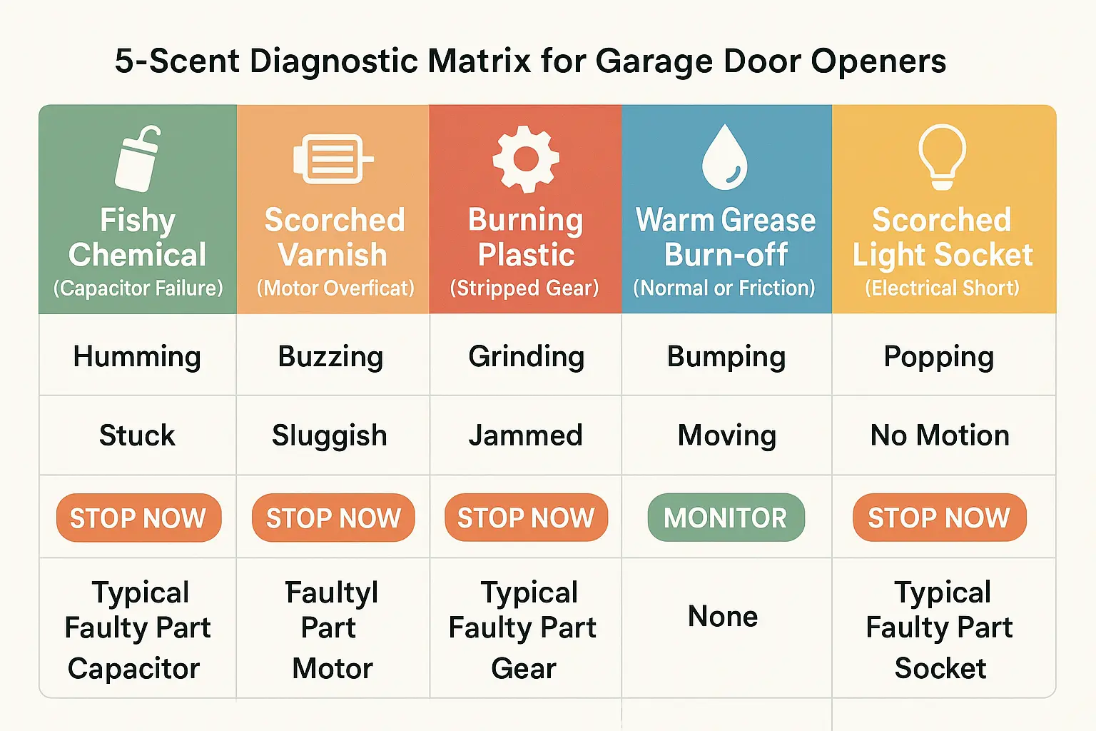 This emergency triage infographic guides users through critical immediate actions to safely disconnect power and manually release the garage door, reducing fire and shock risk.