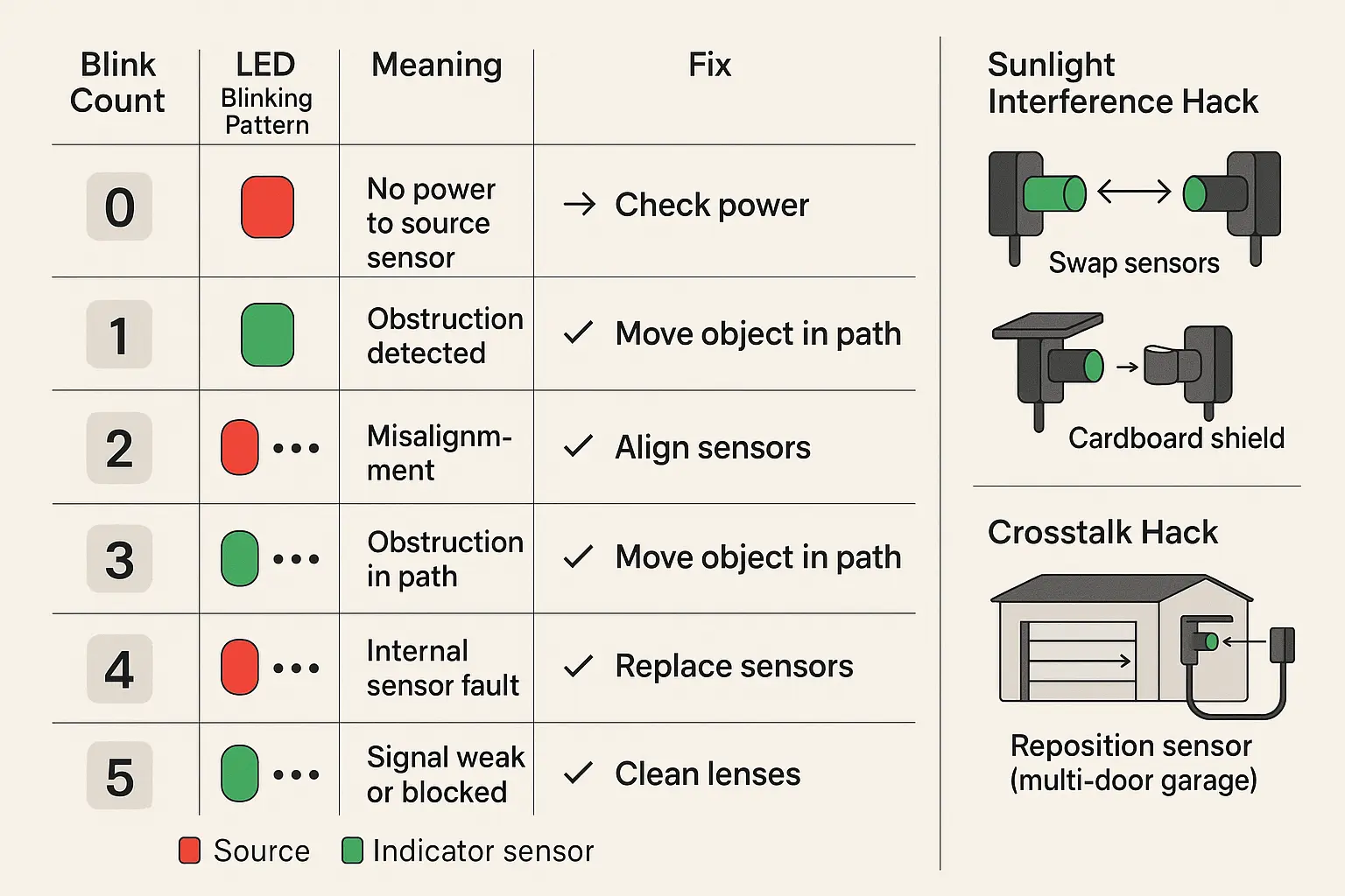 This table breaks down the floor sensor LED blink codes for Genie openers, showing what each blink count means and clear actions to fix common issues like sensor misalignment or sunlight interference.