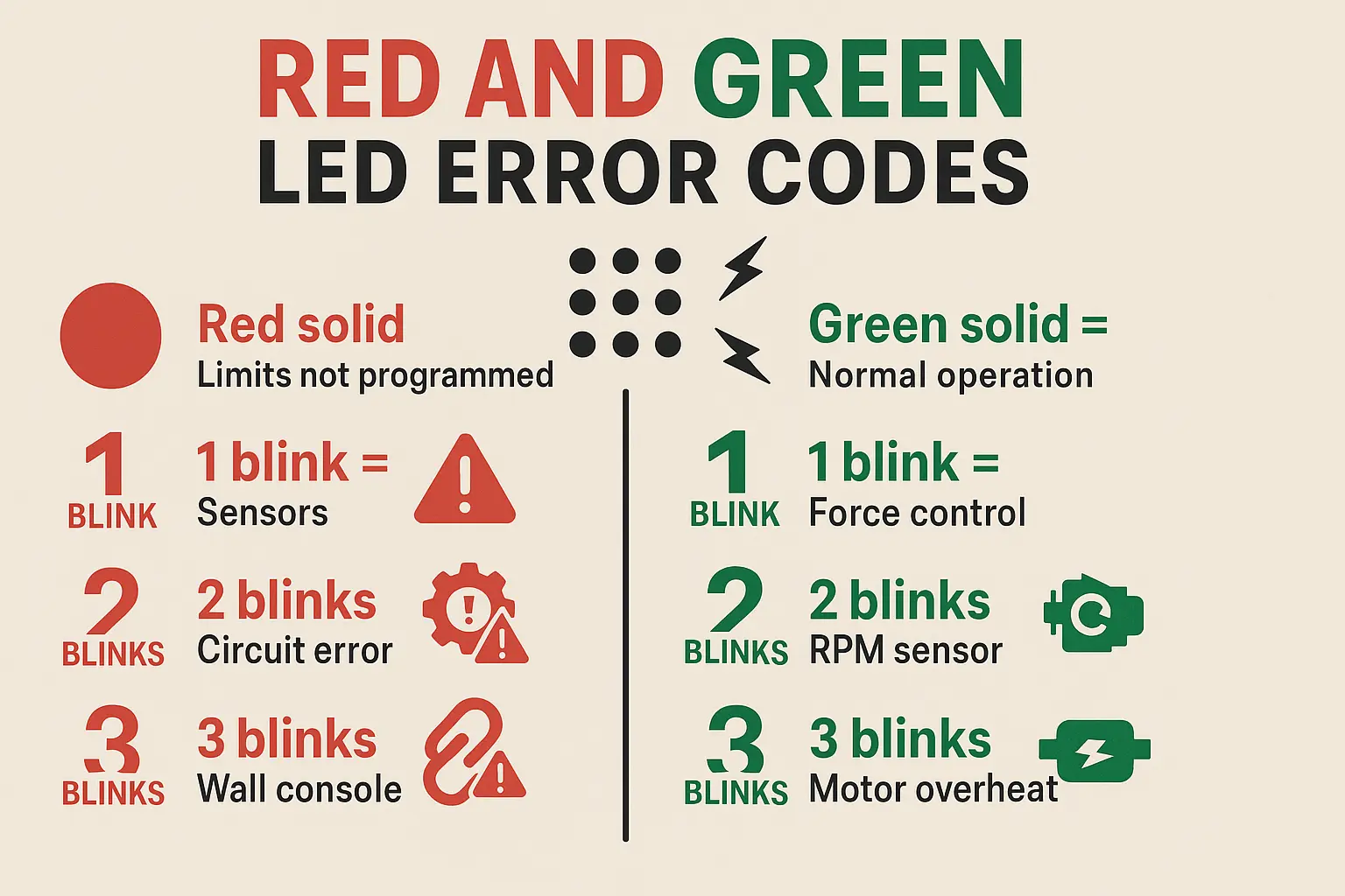 This infographic visually anchors the meanings of red and green LED blink patterns on Genie powerheads, helping users quickly recall error causes and reducing guesswork during troubleshooting.