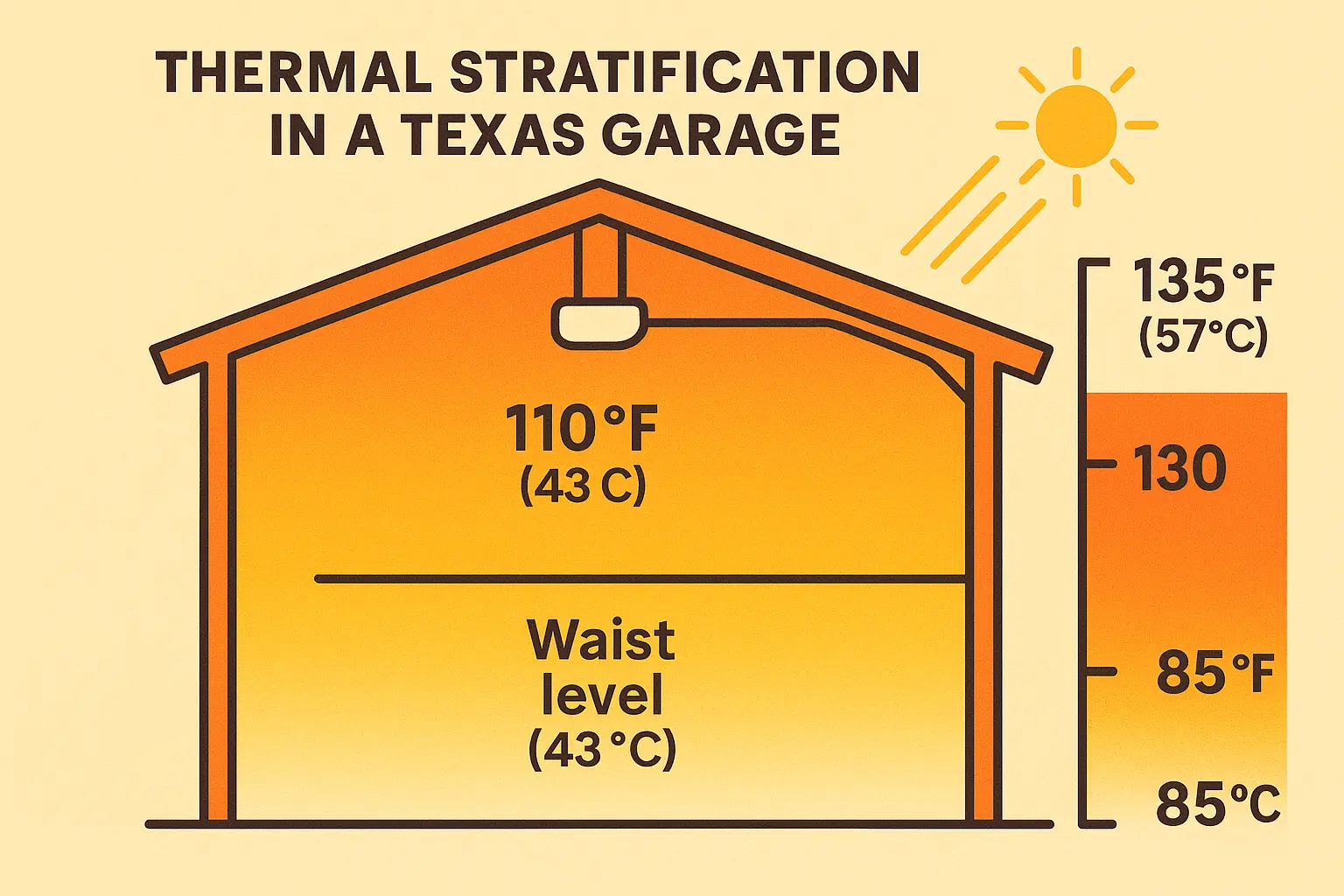 Visualizing the Texas Garage Thermal Trap: How extreme summer heat creates a temperature gradient inside garages, pushing ceiling temperatures to 135°F and stressing ceiling-mounted openers.