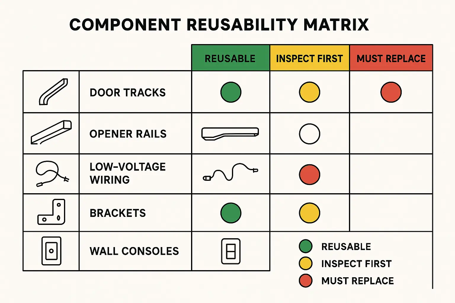This matrix offers a quick, authoritative guide to what garage door opener parts you can safely keep, inspect, or must replace, simplifying replacement decisions.