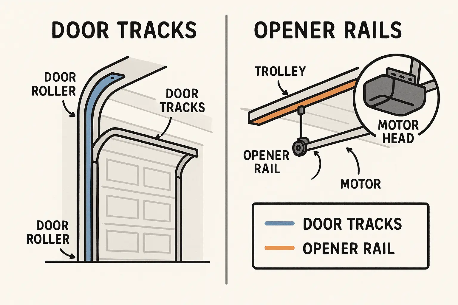 Clarifies a critical common confusion by visually separating the garage door’s guiding tracks from the opener’s drive rail system, aiding smarter replacement decisions.