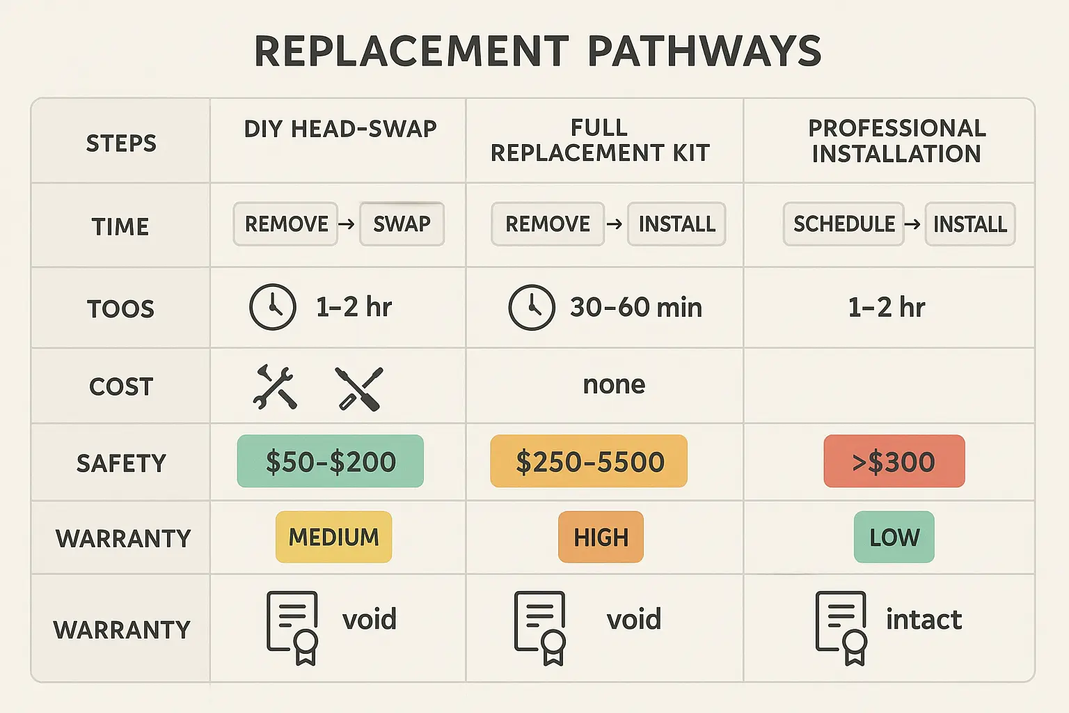 Visually explains the pros, cons, and key steps of popular garage door opener replacement options, helping users select the safest and most efficient approach.