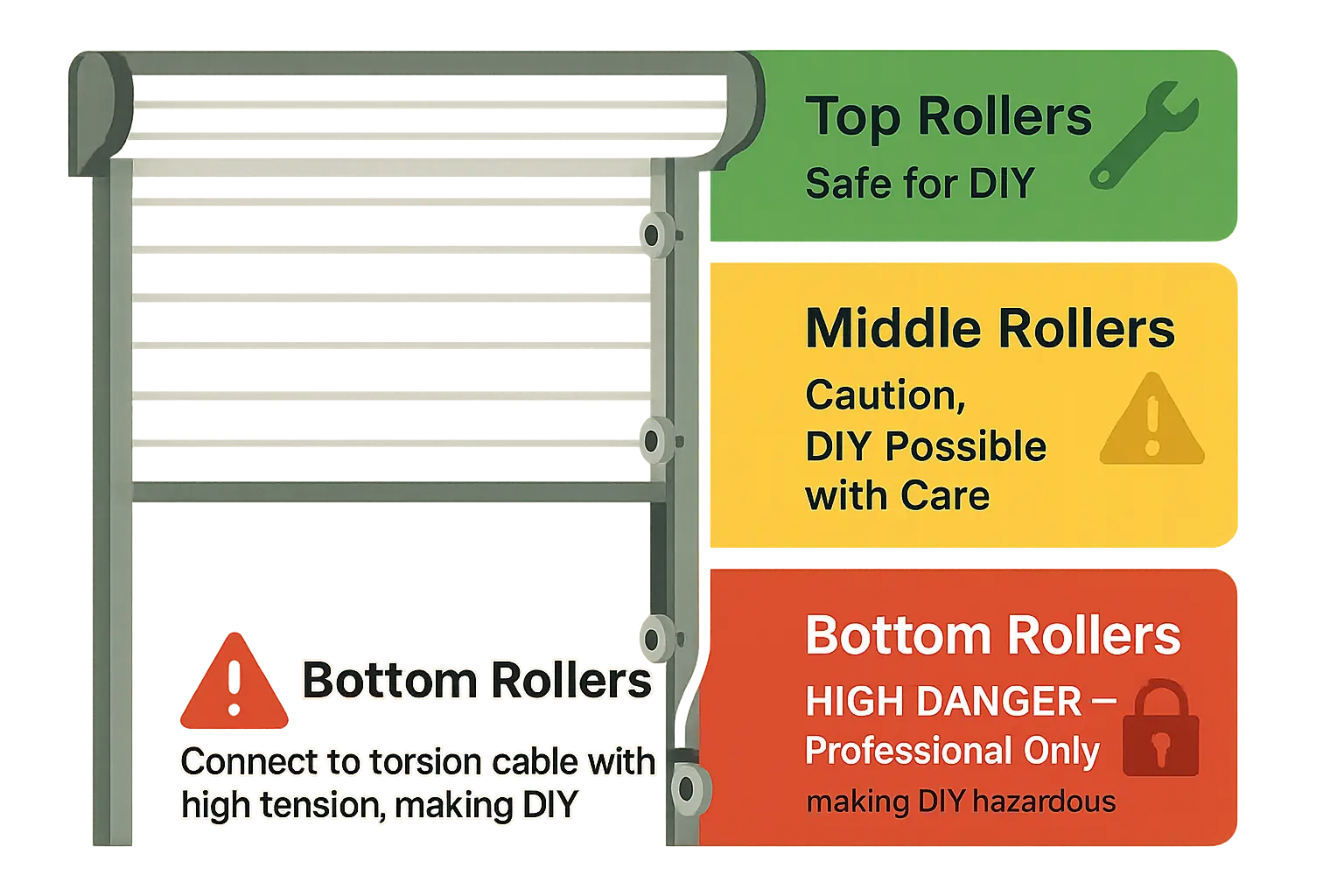 Visual safety triage clarifies why bottom rollers are hazardous and should only be serviced by professionals, while top and middle rollers are generally safe for DIY repair.