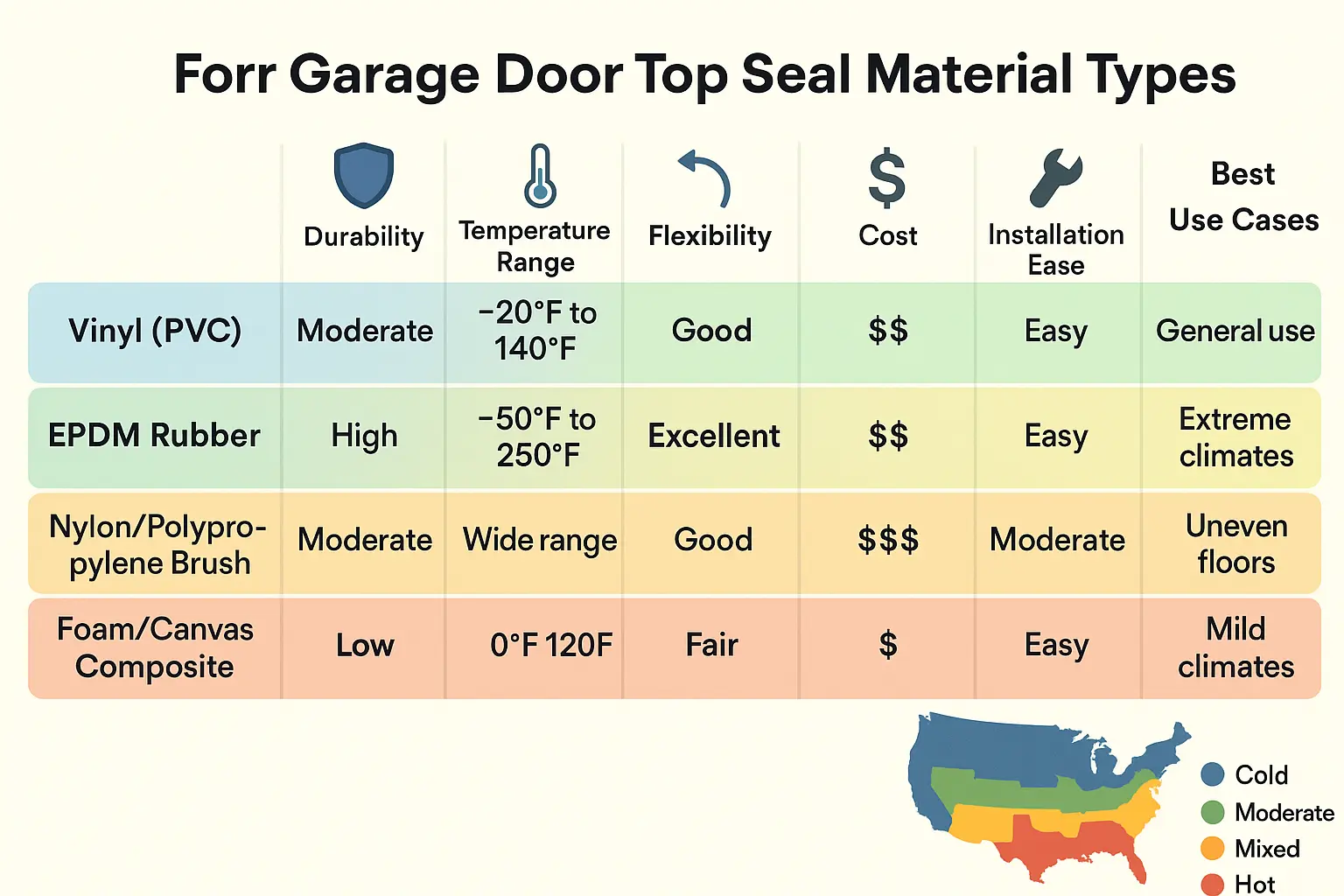 Visual guide comparing weatherstripping materials