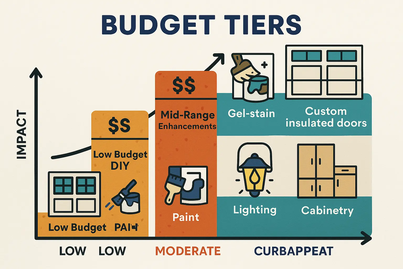 A visually anchored budget guide helps homeowners remember and compare cost-efficient DIY fixes alongside premium garage door replacements, clarifying investment vs. curb appeal returns.