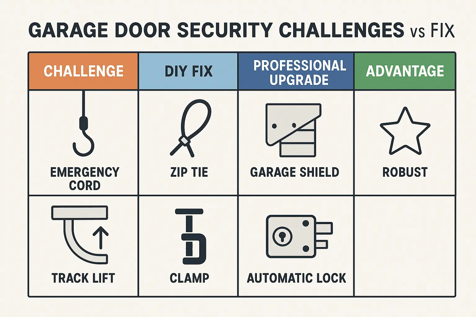 This visual breaks down common garage security issues and contrasts simple DIY fixes with engineered professional upgrades, clarifying the trade-offs and benefits to guide strategic upgrade decisions.