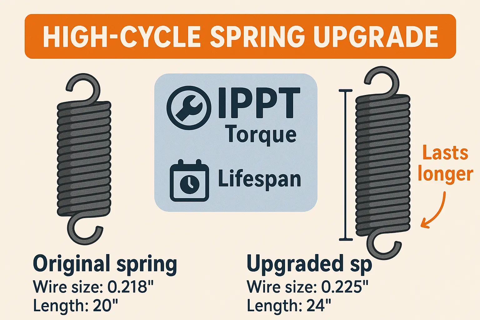Upgrading to a 'high-cycle' torsion spring involves increasing wire thickness and length