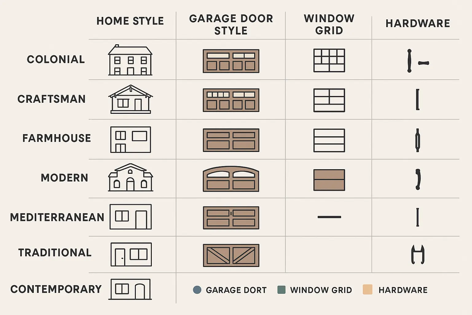 This matrix visually clarifies how to select garage door styles, window layouts, and hardware that harmonize with specific home architectures, providing a foundation for elevated curb appeal decisions.