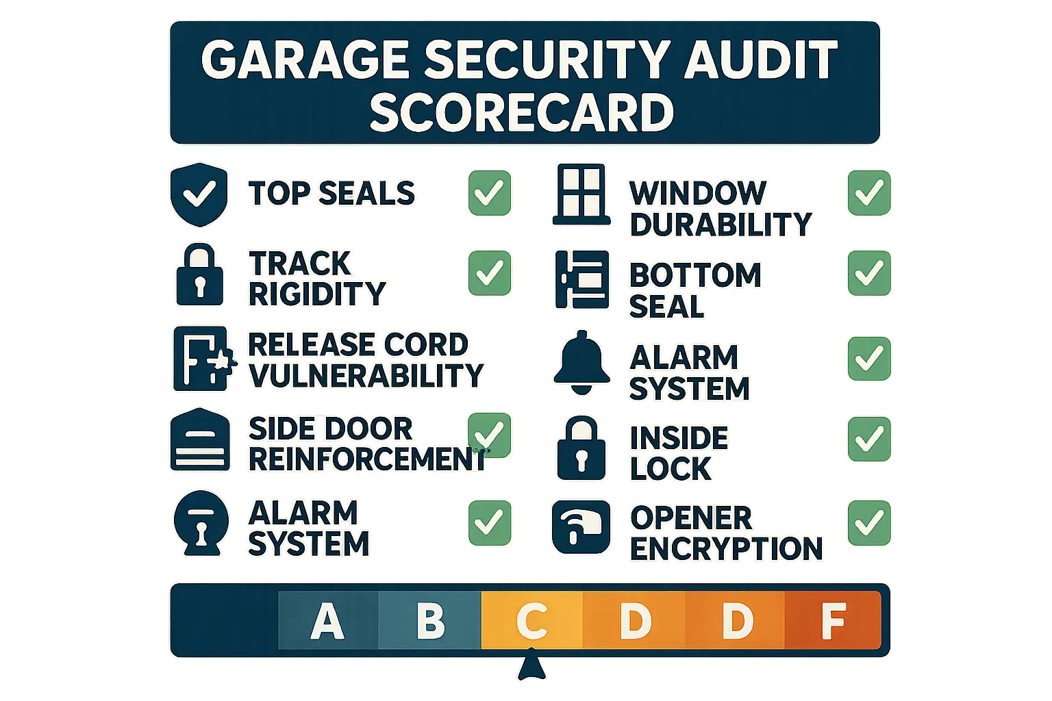 This audit scorecard visualizes a systematic checklist for assessing garage door security to identify vulnerabilities and calculate a security rating, helping homeowners actively evaluate their garage safety.