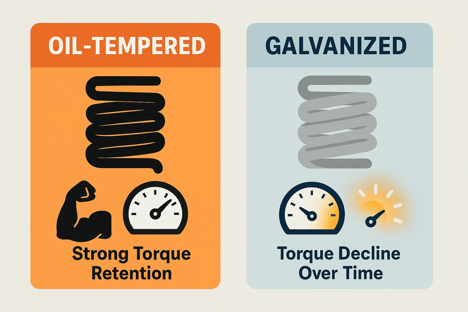 This visual simplifies the critical choice between Oil-Tempered and Galvanized torsion springs by showing their coating colors and highlighting the torque retention difference that defines their performance and ownership experience.