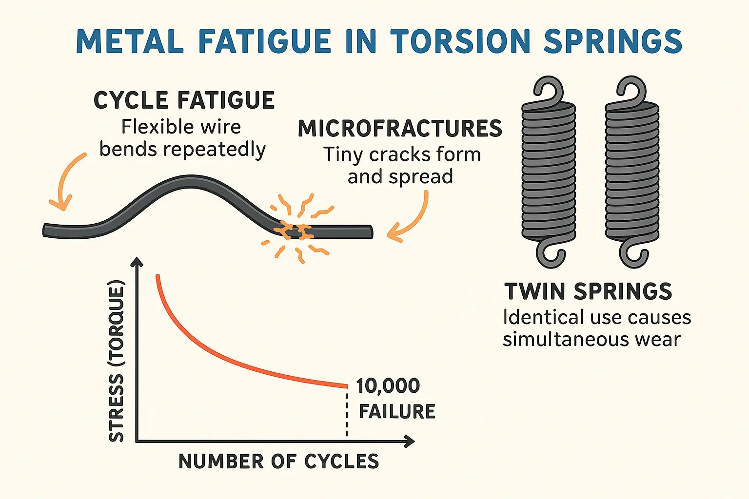 This diagram clarifies how torsion springs’ metal experience microfractures from repeated cycles, causing them to fatigue and eventually break around 10,000 cycles—the typical lifespan for residential springs installed in pairs.