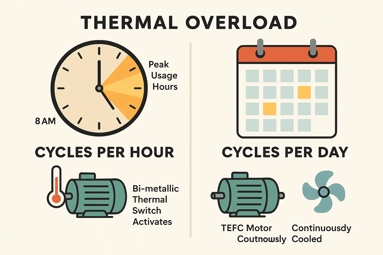 This image clarifies how peak hourly cycle bursts (CPH) impact motor thermal overload differently than total daily cycles (CPD), illustrating why understanding both metrics is critical for selecting the right garage door operator duty rating.