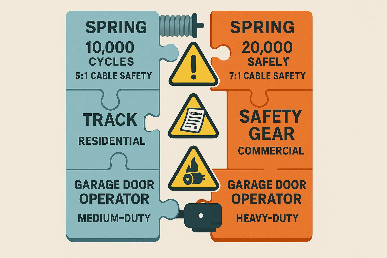 This visual anchors the critical learning that garage door components must be duty-cycle compatible to prevent costly failures and safety hazards, helping readers remember system synergy concepts.