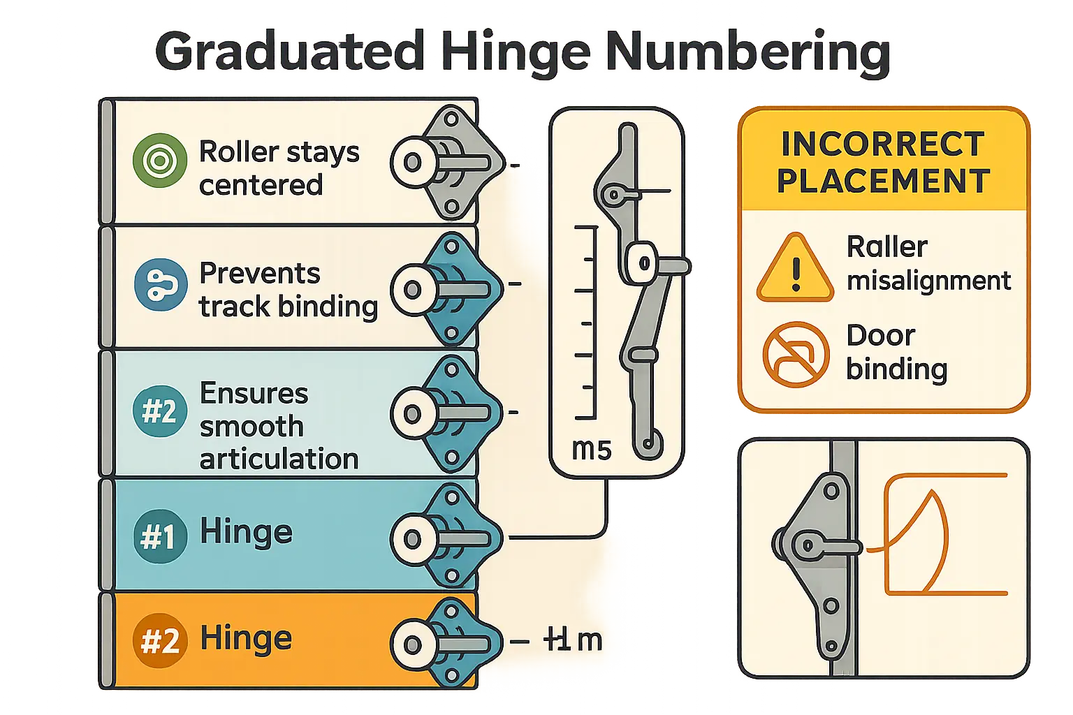 This flowchart educates on the important graduated hinge system (#1 to #5), explaining how increasing hinge offsets align rollers to facilitate smooth sectional door articulation along tracks.