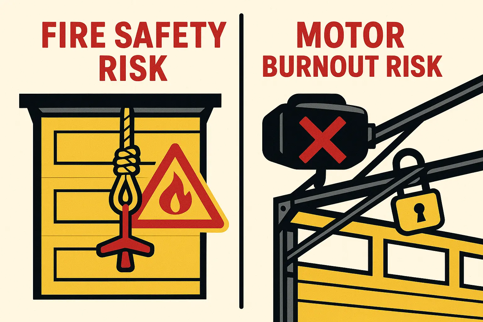 This safety visual highlights critical life-safety and equipment warranty risks in garage door security, teaching the importance of emergency egress compliance and proper lock use to prevent hazards.