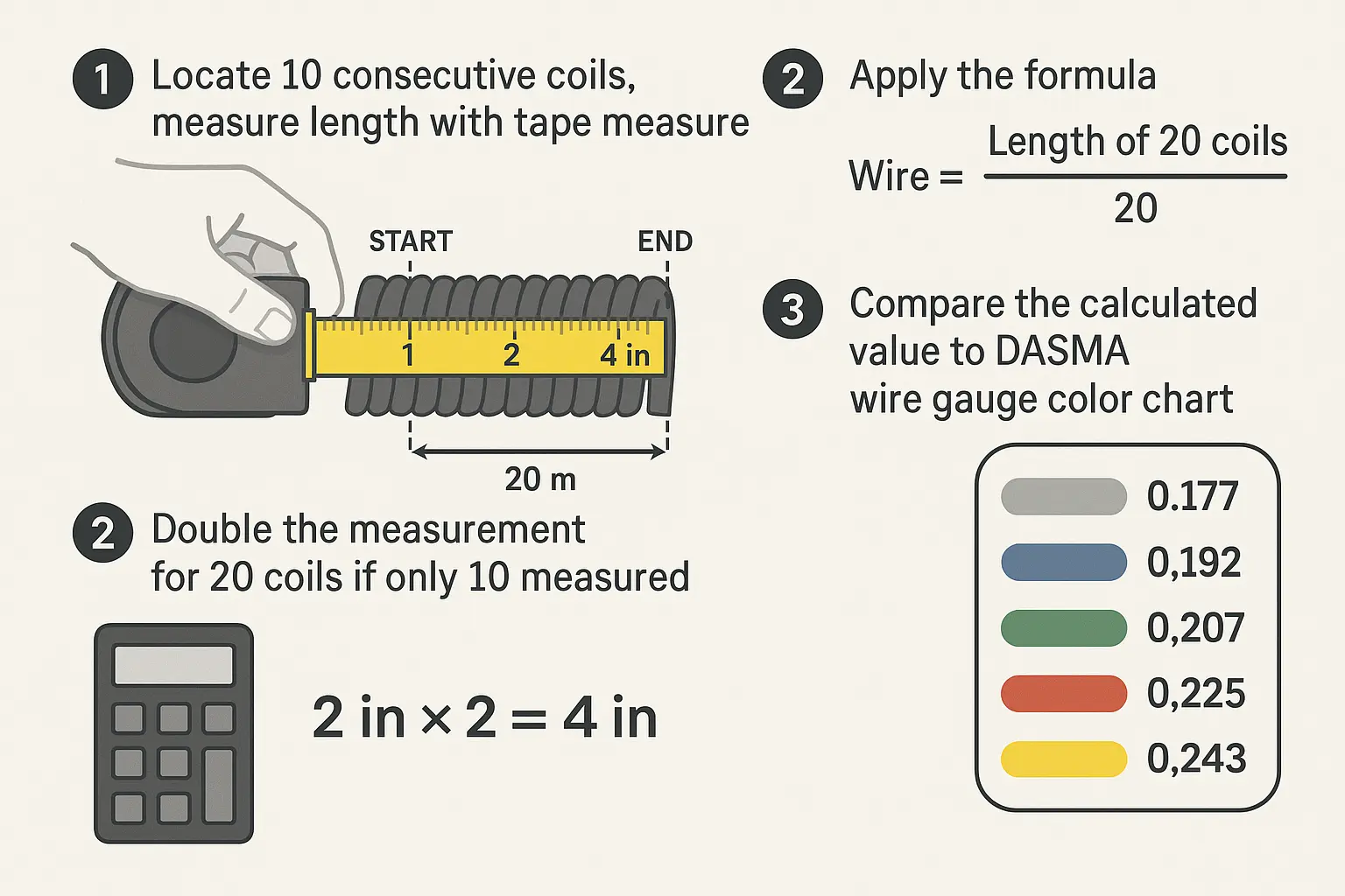 Stepwise visual guide teaching how to measure coil length physically to calculate wire gauge when color paint is unreliable, aiding accurate spring size identification.