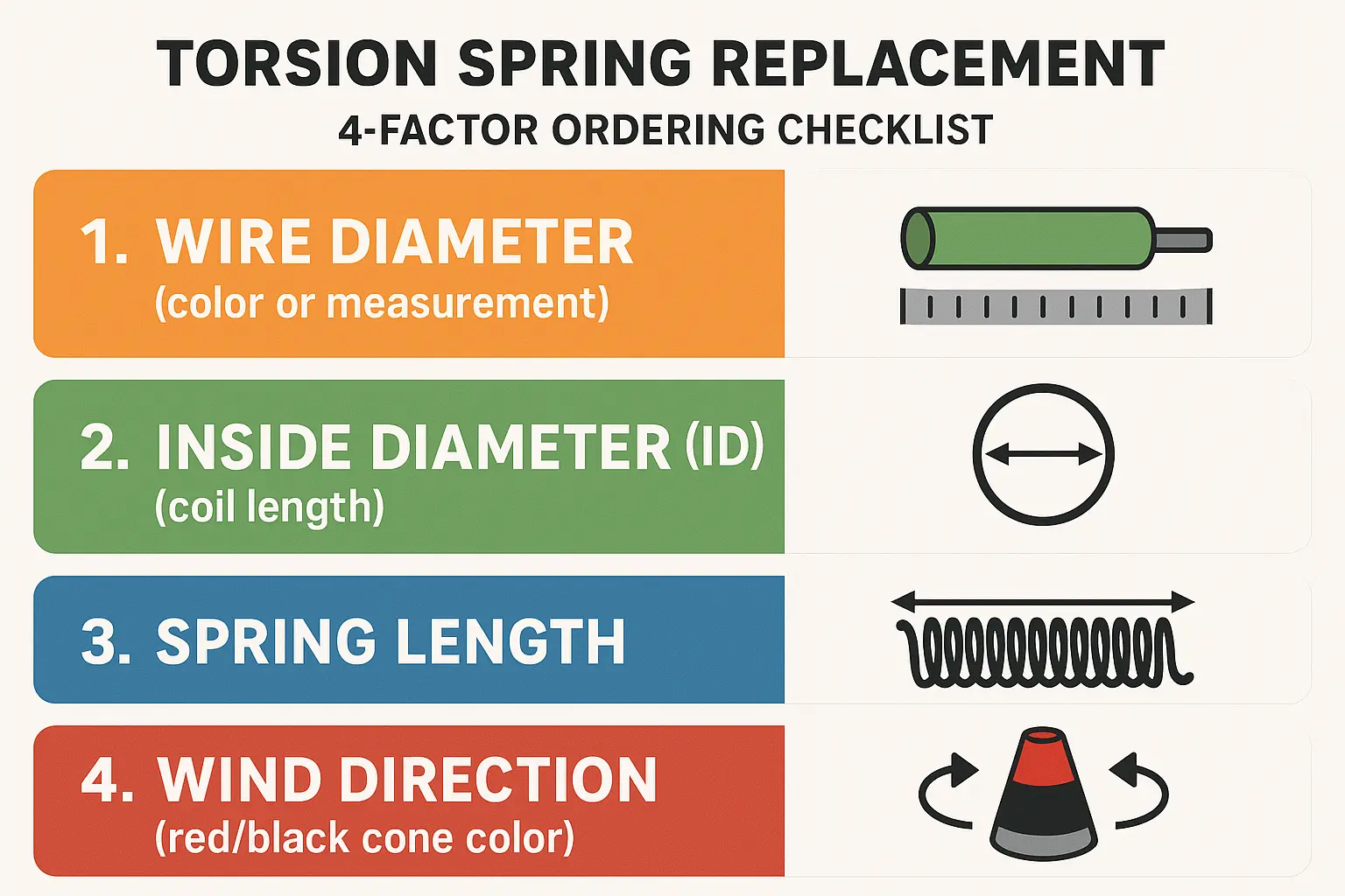 A visual memory anchor listing all critical specifications required to order the correct torsion spring, emphasizing that color code alone is insufficient for safe and proper replacement.