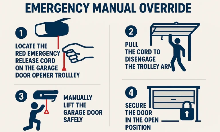 4-step graphic: release cord, lift door, secure, re-engage