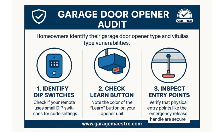 A checklist infographic guiding homeowners through a garage security self-audit, covering remote technology, opener unit inspection, and physical vulnerabilities.