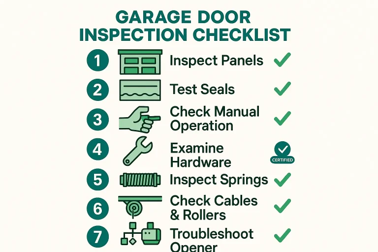 A clean, easy-to-read graphic checklist outlining the 7 inspection points for a garage door after a storm.