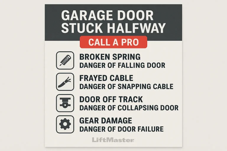 A clear checklist infographic showing which signs are absolute red flags that require a professional: a loud bang (broken spring), visible gap in the spring, frayed or snapped cables, and a crooked or off-track door.