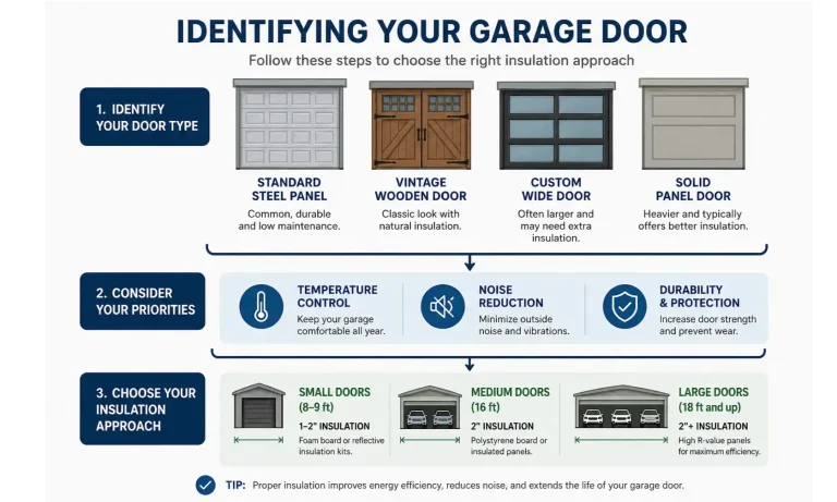A collage of different garage door types, including standard metal panel, wood, and custom designs.