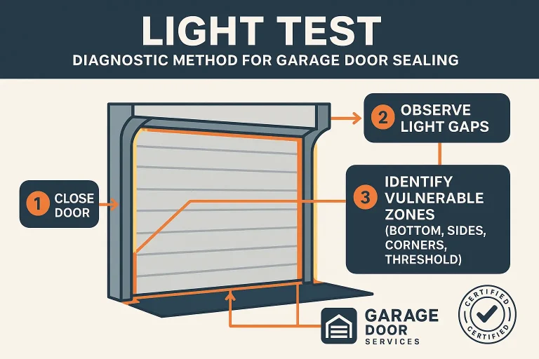 A collage showing different garage door bottom seal materials (EPDM, vinyl, steel-infused) and various retainer profiles (T-style, bead-style).