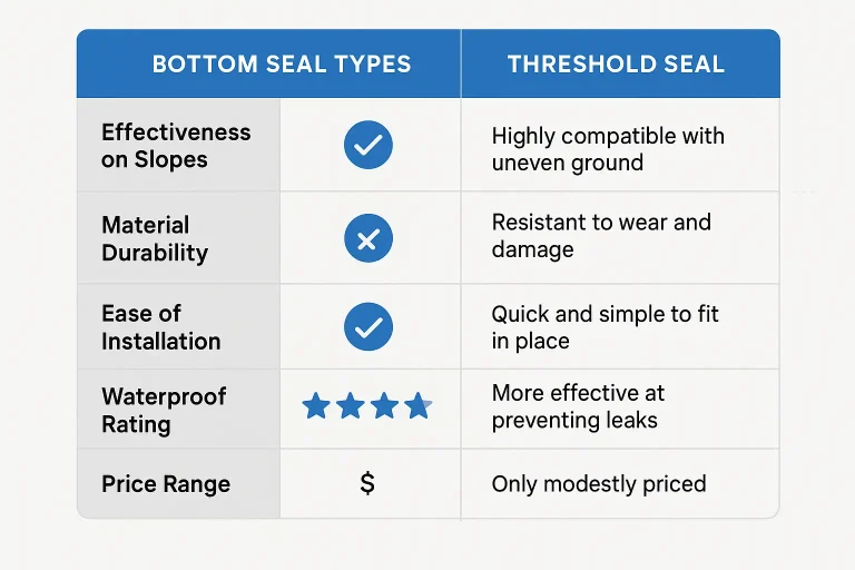 A comparison chart showing different types of garage door bottom seals (Bead, T-style, J-style) and threshold seals (varying heights), helping a user select the right combination for their specific needs.