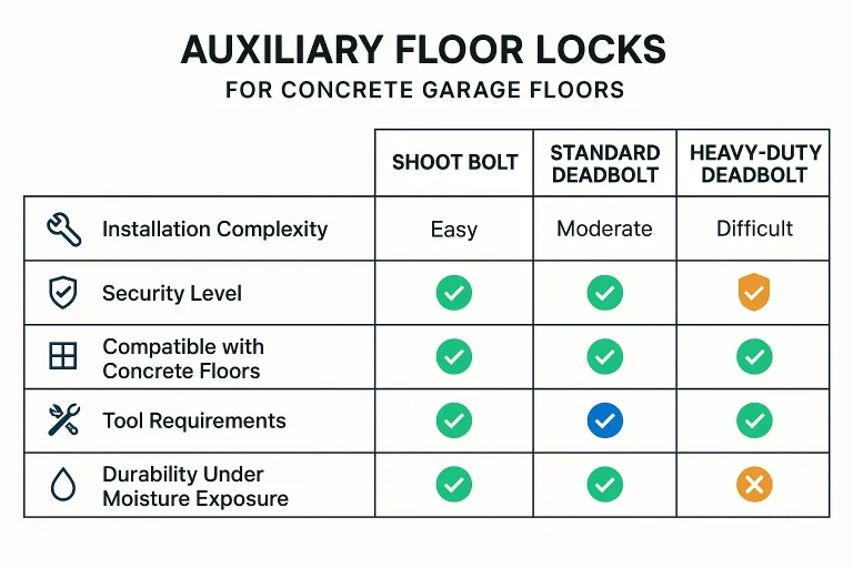 A comparison table showing different types of garage door floor locks, including slide bolts and keyed deadbolts, with icons for security level, installation difficulty, and ease of use, helping homeowners choose the best option for their concrete garage.