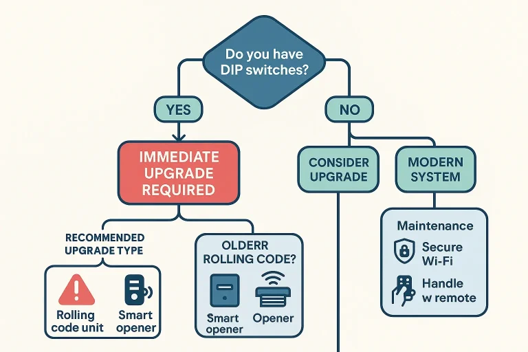 A decision tree diagram that helps homeowners choose the right action plan—upgrade, consider upgrading, or maintain—based on their garage door opener's security level.