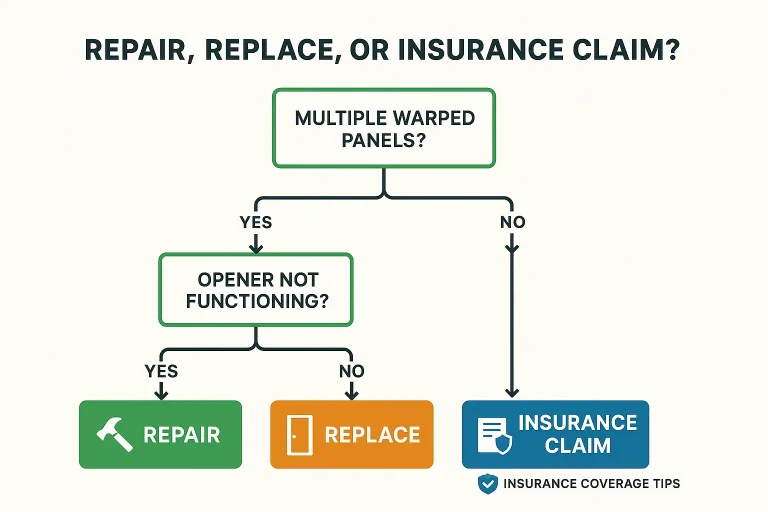 A decision tree or flowchart helping homeowners decide whether to repair their garage door, replace it entirely, or file an insurance claim based on the type of damage found.