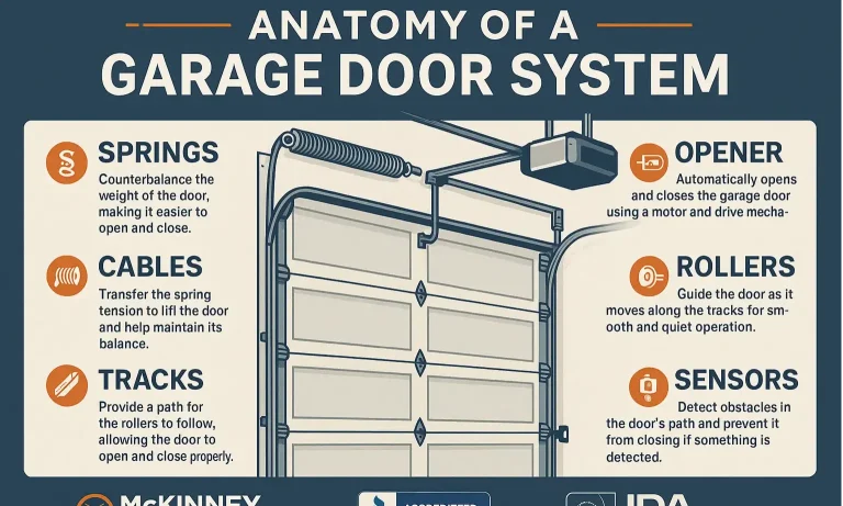 A detailed diagram showing the anatomy of a garage door, including the opener, springs, cables, tracks, and sensors.