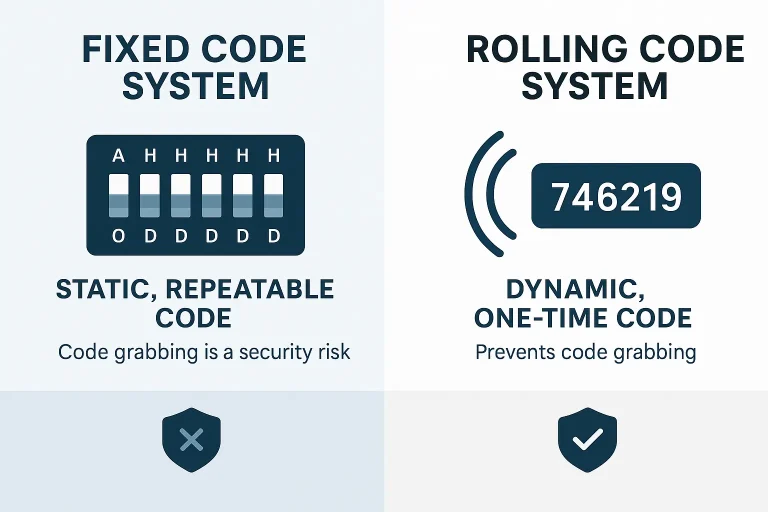 A diagram comparing the static, vulnerable nature of a fixed code system with the dynamic, secure nature of a rolling code system.