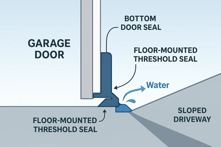 A diagram illustrating how a bottom door seal and a floor-mounted threshold seal work together to block water on a sloped driveway.