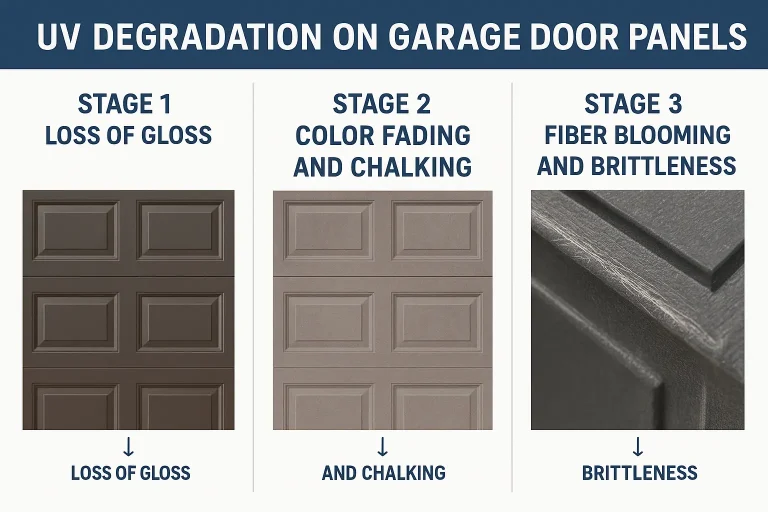 A diagram illustrating how UV rays penetrate the gelcoat of a garage door, breaking down the underlying resin and exposing fiberglass strands.