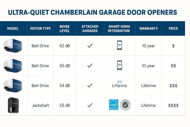 A diagram showing the different parts of a garage door system and highlighting the sources of noise.
