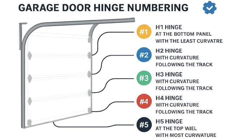A diagram showing the placement of #1, #2, and #3 hinges on a garage door, illustrating how they align with the track's curve.