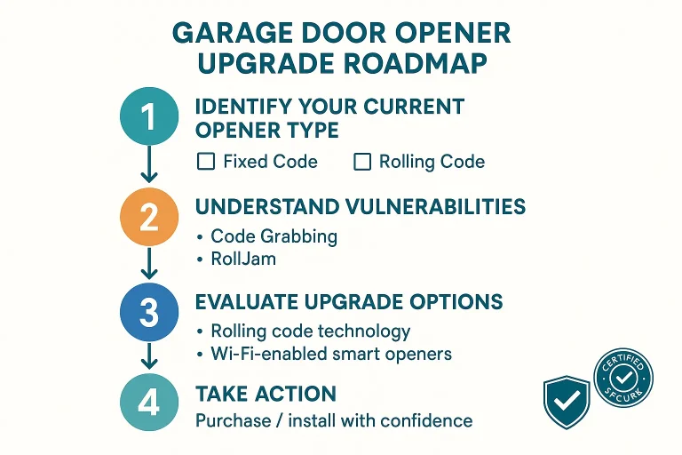 A flowchart guiding homeowners through upgrading their garage door security, from assessing their current system to choosing modern rolling code options.