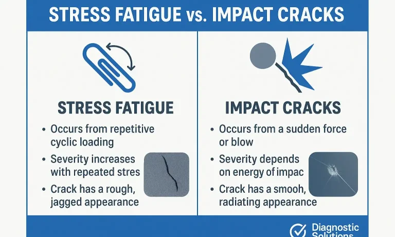 A flowchart guiding repair decisions: It starts with identifying the crack type (stress vs. impact), then considers the door material, and finally presents repair options like reinforcement struts, epoxy/filler, or panel replacement.