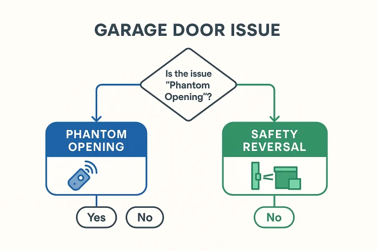 A flowchart guiding the user to identify their garage door problem as either a 'Phantom Opening' or a 'Safety Reversal'.